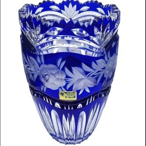 LAUSITZER Glass Cobalt Blue Cut To Clear 24% Leaded Crystal Vase 1 Chip**